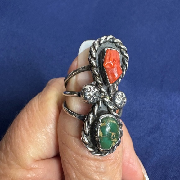 925 Sterling Silver Jewelry - Vintage Turquoise, Coral, and Sterling Silver Ring